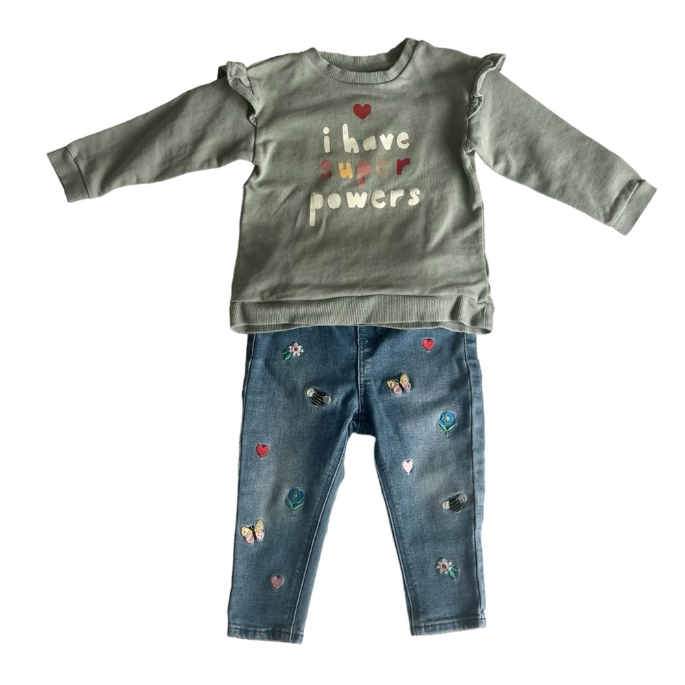 H&M Bundle: Shirt 2T & Embroidered Jeans 9M-12M